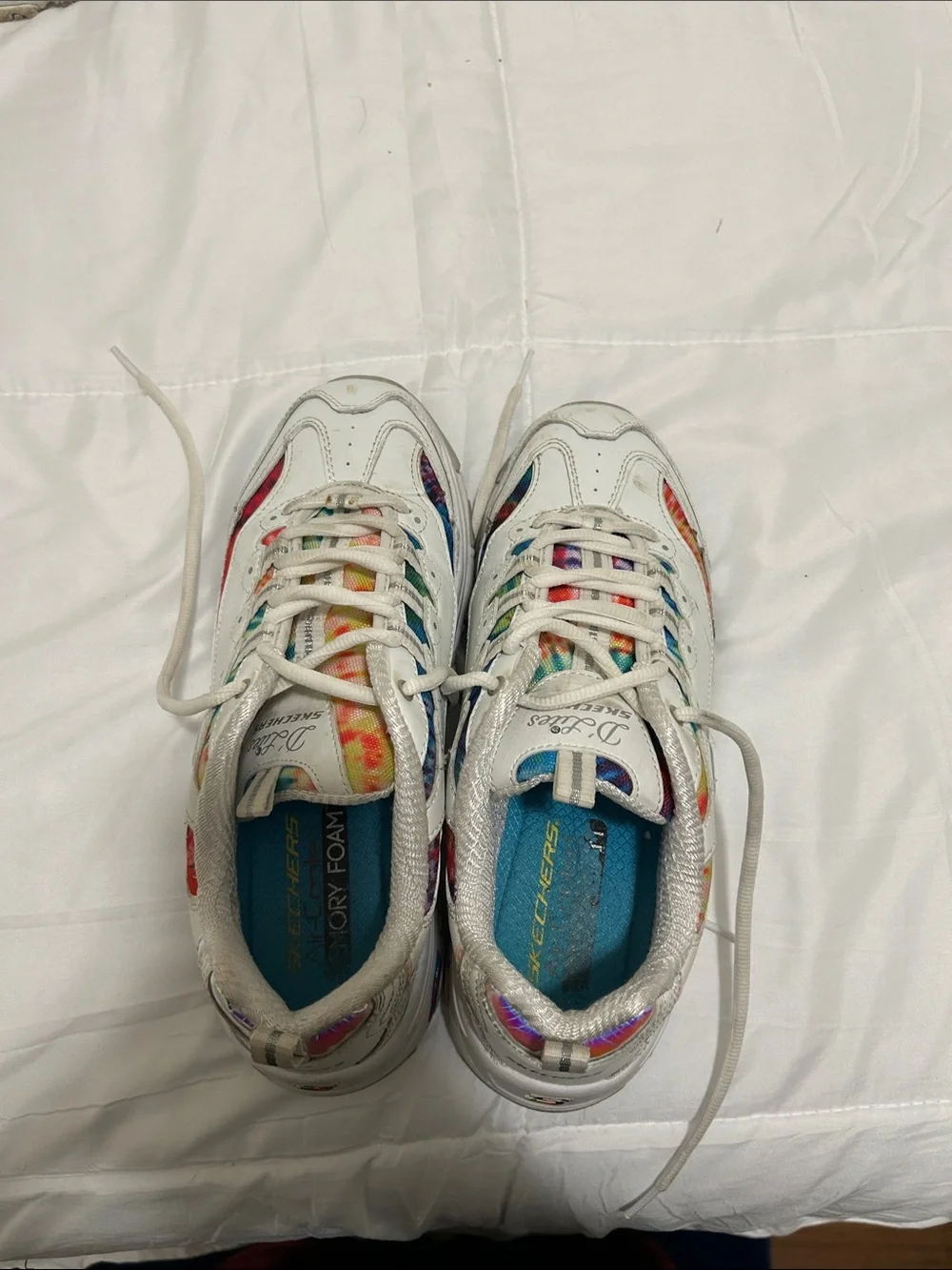 Skechers Mens White Sneakers with Rainbow Accents
